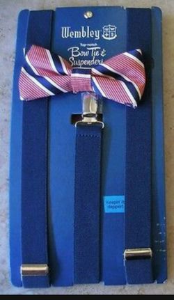Wembley Striped Red, White & Blue Bow Tie & Navy Blue Suspenders. NEW