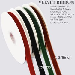 NEW in Sealed Packaging Velvet Ribbon Set 3/8" x 40 Yards – 4 Colors Red, Green, Black & Brown Soft Velvet Ribbon for Gift Wrapping, Tree Ornaments, B