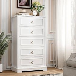 5 Drawers Dresser for Bedroom, 44" Tall White Dresser with 5 Drawers, White Chest of Drawers with Storage, Modern Farmhouse Wood Dressers 