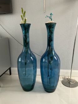 Pair of Tall Blue Glass Floor Vases