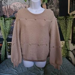 Unique Beige Balloon Sleeve Pompom Knit Long Sleeve Sweater Small