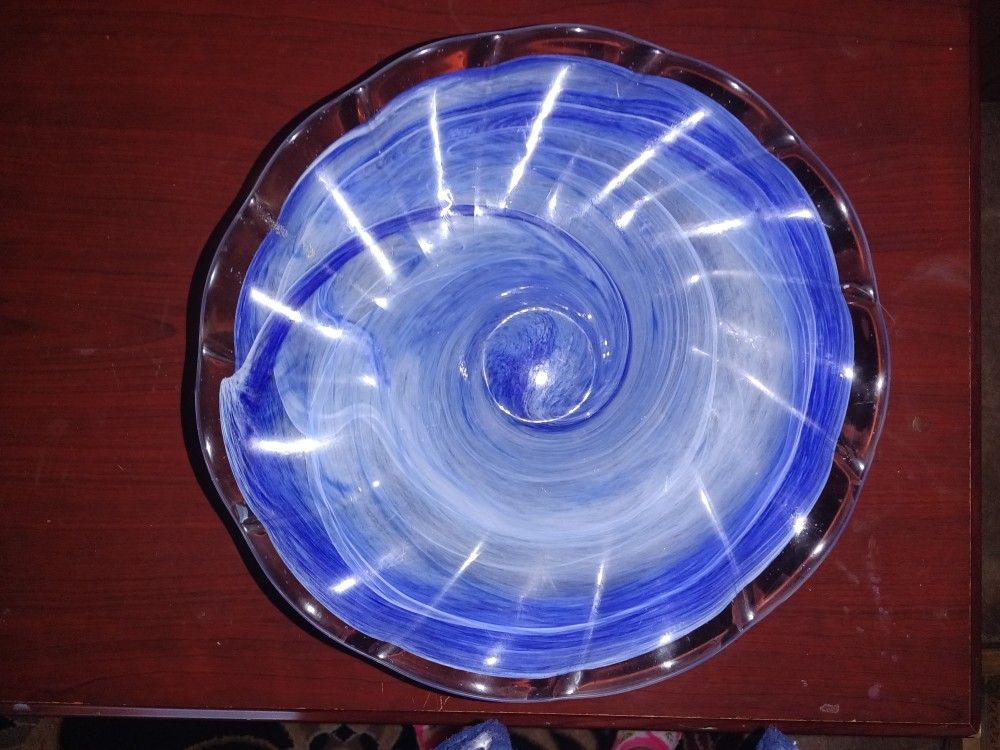 Cobalt Blue Art Glass Fruit Pedestal Bowl With Pewter Fruit Design 12”