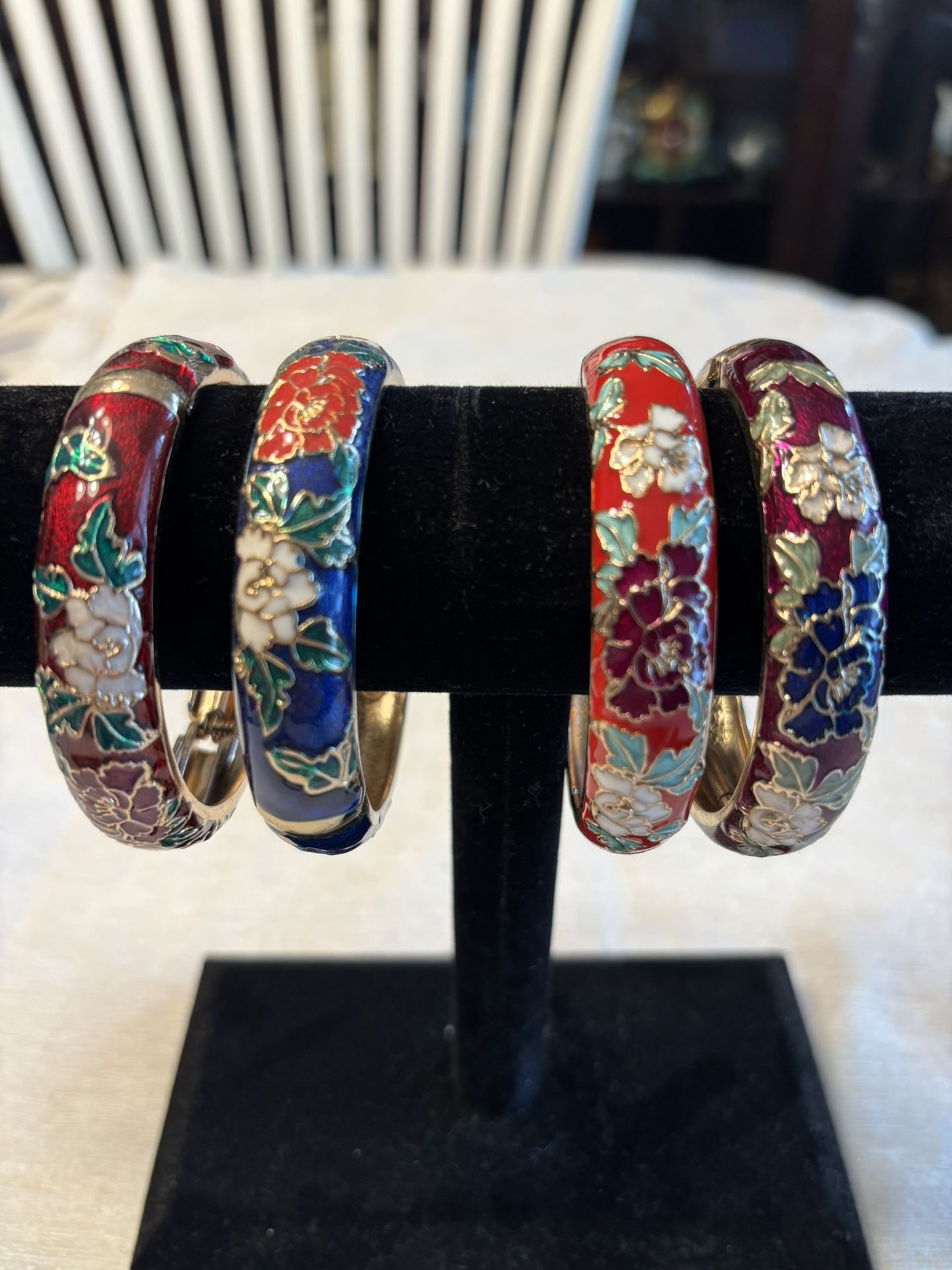 Cloisonne Spring Bangle Bracelet Enamel Floral Set Of 4