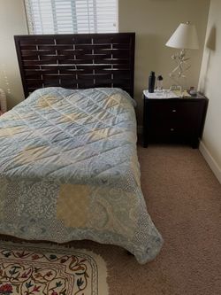 Solid wood- queen bed and matching nightstand
