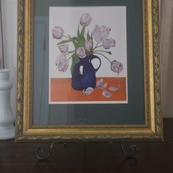 Vintage Framed Tulip Still Life Print – Ornate Gold Leaf Frame 14x17 – Farmhouse / Cottagecore Wall Décor
