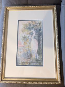 This is a lovely  Coleen Cooper Stoioff (1926–1993) original watercolor depicting a Great Egret in a marsh setting