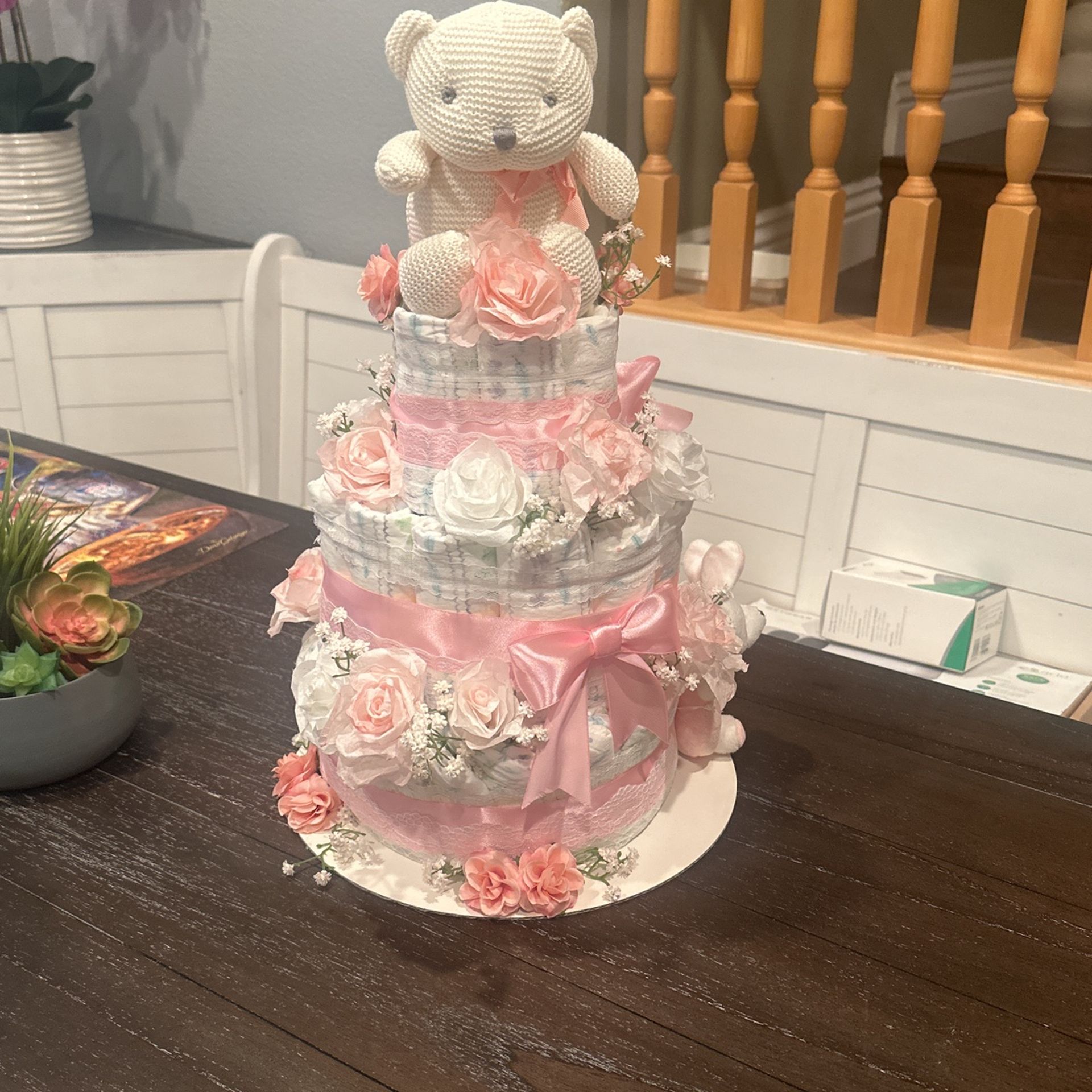 Pink Diaper Baby Cake With Flowers & Toy