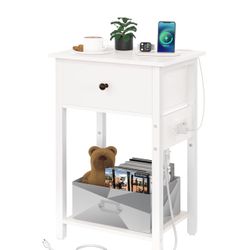 Nightstand with Charging Station, Bedside Tables with Large Drawer and Storage Shelf, Bed Side Table/Night Stand with USB Ports & Outlets, Industrial 