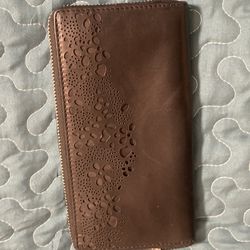Womens Brown Leather Wallet with Perforated Floral Detailing