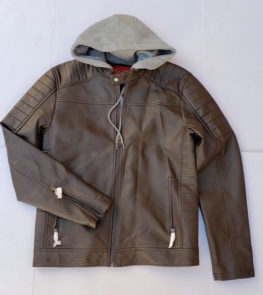 Guess Brown Hooded Leather Jacket Size L