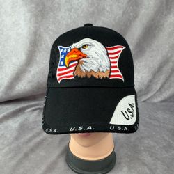USA Patriotic Bald Eagle American Flag Embroidered Black Adjustable Sports Cap