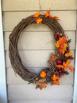 Large Oblong Custom-Made Autumn Thanksgiving Holiday Natural Grapevine Wreath, 29x24”