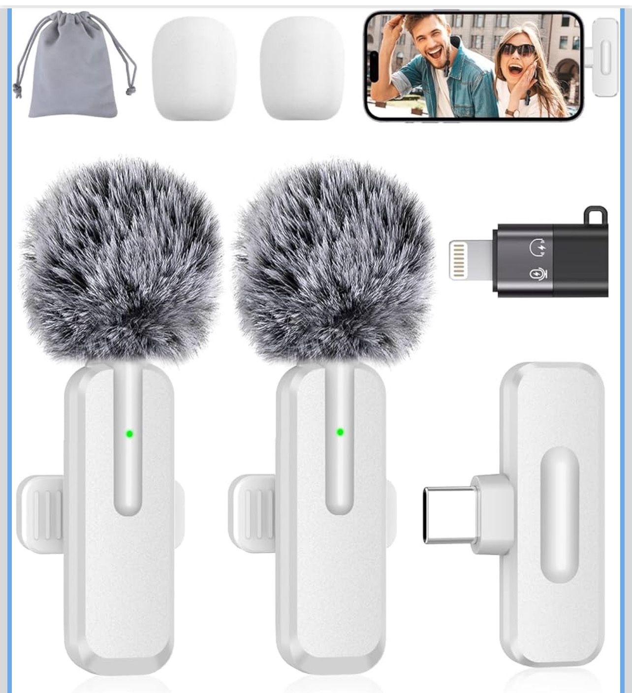 Wireless Mini Microphone for iPhone - 2 Pack Lavalier bluetooth Microphone for Video Recording, 2 In 1 Noise Reduction Lapel Mic for Ipad, Android, Cl