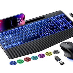 Wireless Keyboard and Mouse, Ergonomic Keyboard Mouse - RGB Backlit, Rechargeable, Quiet, with Phone Holder, Wrist Rest, Lighted Mac Keyboard and Mous