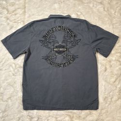 Harley Davidson Men’s L Short Sleeve Button Front Shirt Grey RN#103819