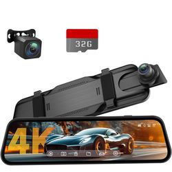 4K Rear View Mirror Camera, 10'' Mirror Dash Cam with 1080P Rear Camera, Dash Cam Front and Rear for Car with Voice Control, 24H Parking Mode, Night V