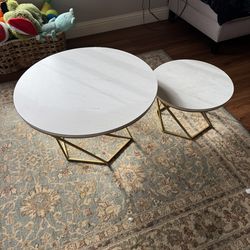 Walker Edison Modern Round Nesting Coffee Table Living Room Accent Ottoman Storage Shelf, Set Of 2, Marble and Gold