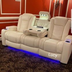 Brand New Living Room| Leather White Power Reclining Sofa Couch With Cup Holders, LED Lights, USB Port, Storage Console, Adjustable Headrest| 