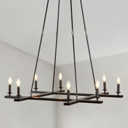 Farmhouse Chandeliers for Dining Room - 43 Inch Square Chandelier Light Fixture, 8-Light Black Chandelier Over Table Pendant Light Kitchen for Foyer E