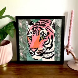 Vibrant Tiger Art Canvas Print Black Framed Palm Leaf Pink Green Wall Art 13x13”