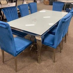 Carone Rectangular Glass Top Dining Table Black And Chrome and 6 Chairs 