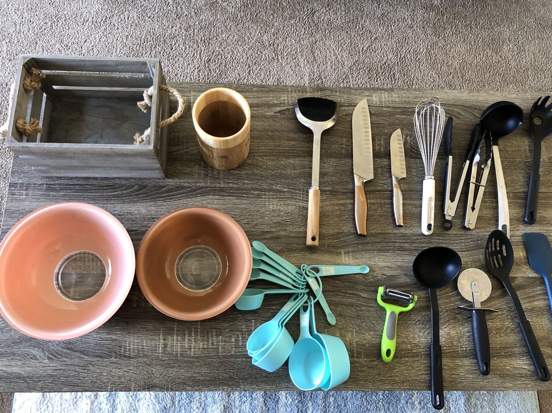 Kitchen Stuff: Utensils, Bowls, Knives and Wooden Crate