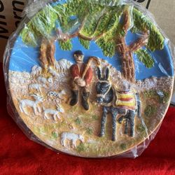 9 Inch Handmade Hand Painted In Greece Greek Plaster Traditional Greek Village Grandpa & Mule Wall Plate Imported From Greece 