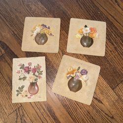 Set Of 3 Albena 5.5x5.5 & Cheri Blum Vtg Floral Wall Plaques 4.5 X 6.25”