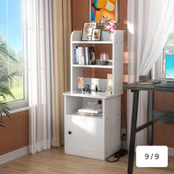 Tall Nightstand with Charging Station and LED Lights, 47 inch Height, with Bookshelf and Storage Cabinet