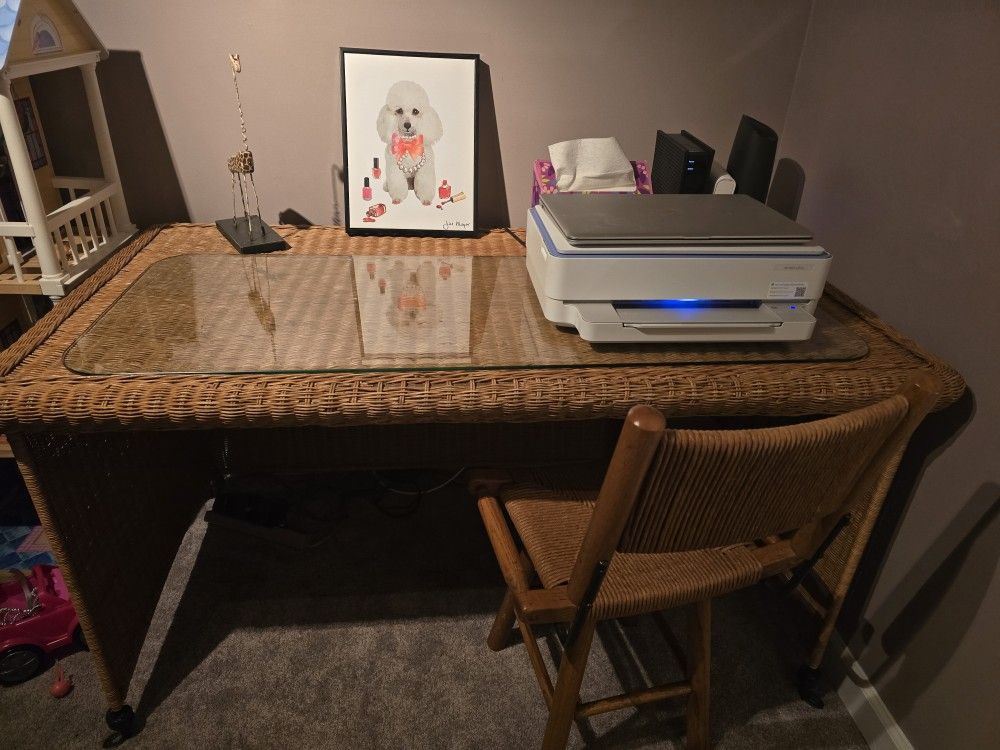 Vintage Rattan Desk And Swivel Chair