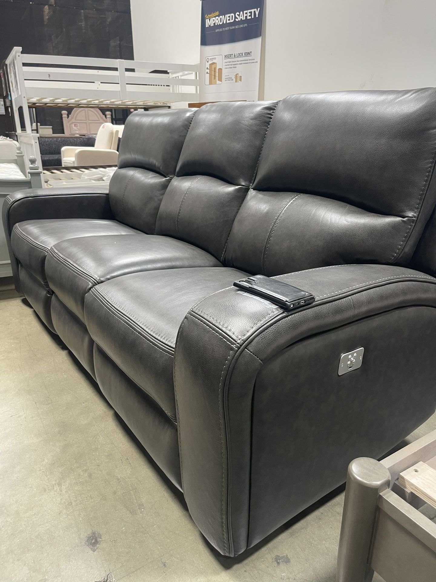 Gray Leather Sofa With Power Reclining Seats