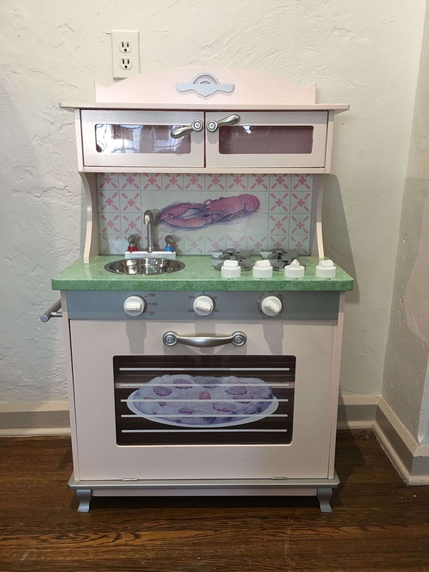 Children’s Pink Wood Compact Play Kitchen Pretend Granite Countertop