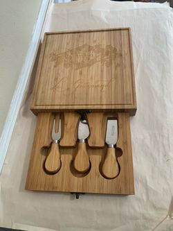 Bamboo Cheese Board 3 Knife Set Charcuterie Tray Wood Cutting Board Engraved 9”