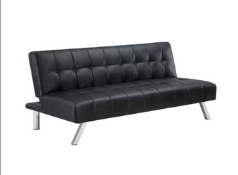 Black Faux Leather Tufted Futon Sofa