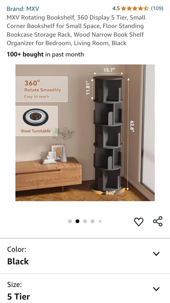 MXV Rotating Bookshelf, 360 Display 5 Tier, Small Corner Bookshelf for Small Space, Floor Standing Bookcase Storage Rack, Wood Narrow Book Shelf Organ