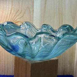 Unique Ocean Art Deco Glass Oval Bowl White Blue  Italy Murano Style Glass
