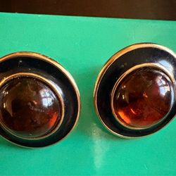 Vintage Trifari Black Enamel & Faux Amber Cabochon Clip-On Earrings, Gold Tone