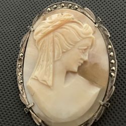 Carved Shell Brooch With Marcasite And Silver