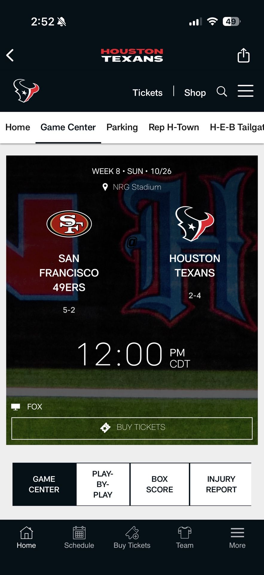 Texans vs 49ers 10/26/25 Lower level500