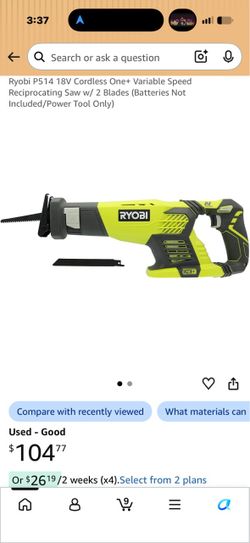 Ryobi P514 18V Cordless One+ Variable Speed Reciprocating Saw (Batteries Not Included/