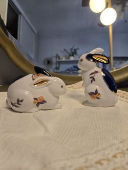 Enescol Ceramic Butterfly & Flower w/Gold Accent Decorated Rabbit Figurines 