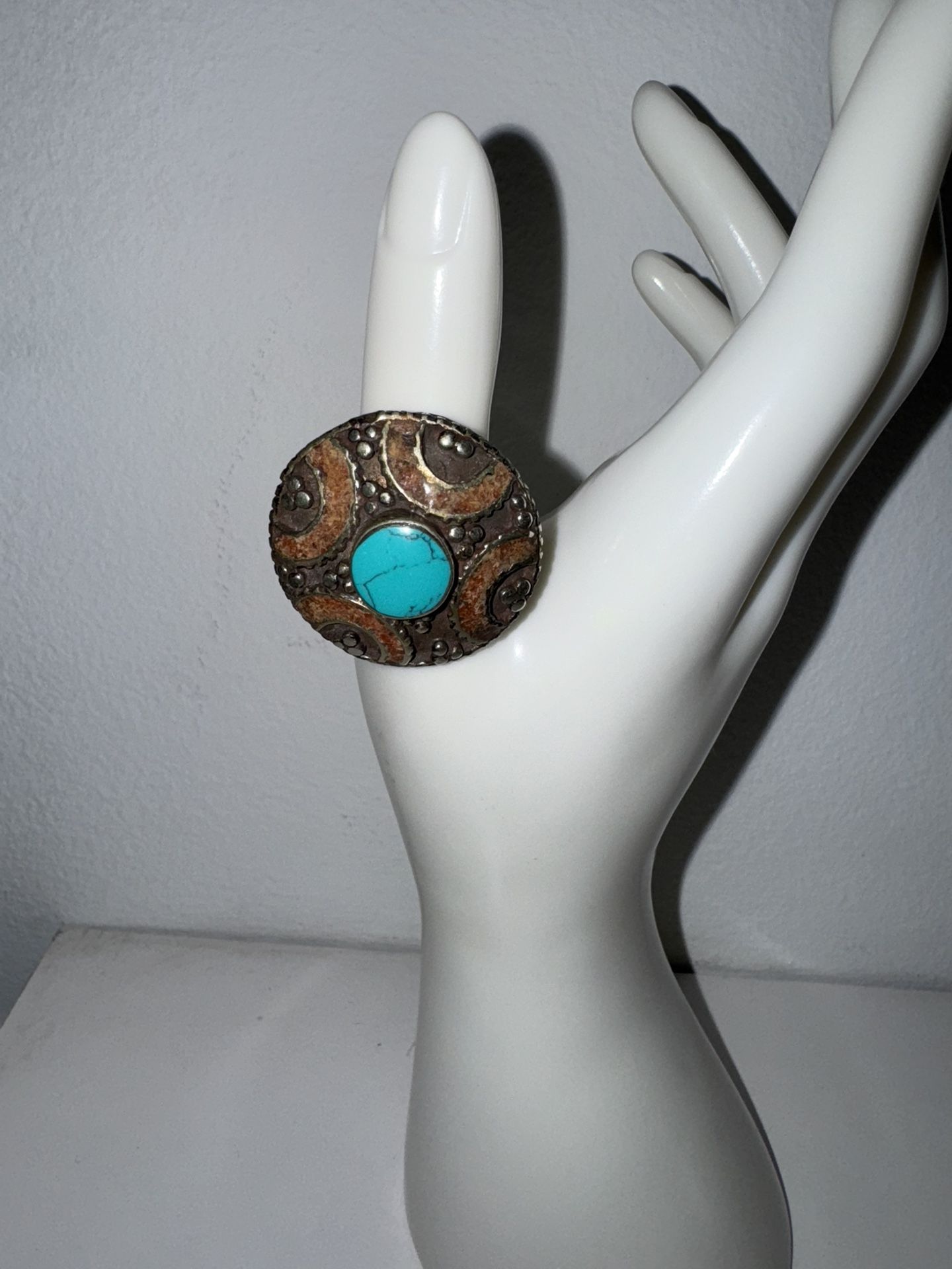Vintage .925 Navajo Turquoise Patterned Ring -size 9