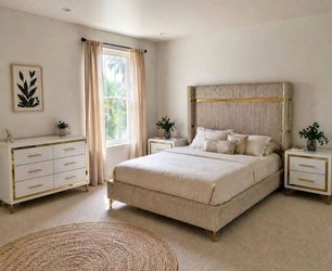 Bedroom Set 3 pcs new beige and white gold accents bed dresser and Nightstand