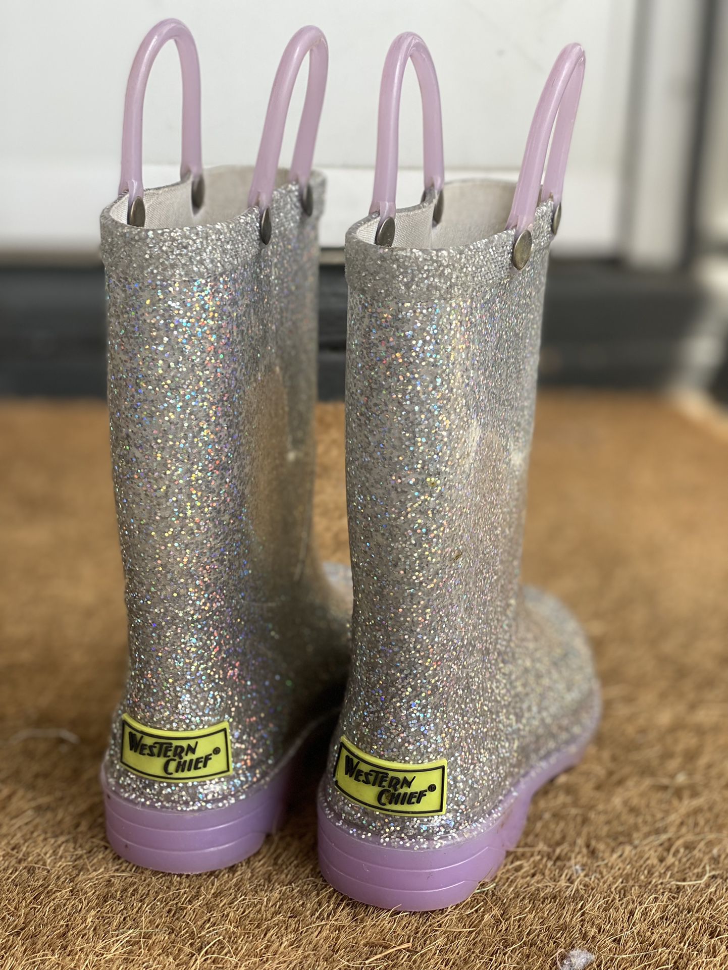 Western Chief Silver Glitter Rain boots Light-up, Girls Size 9, Silver Lilac Sparkle