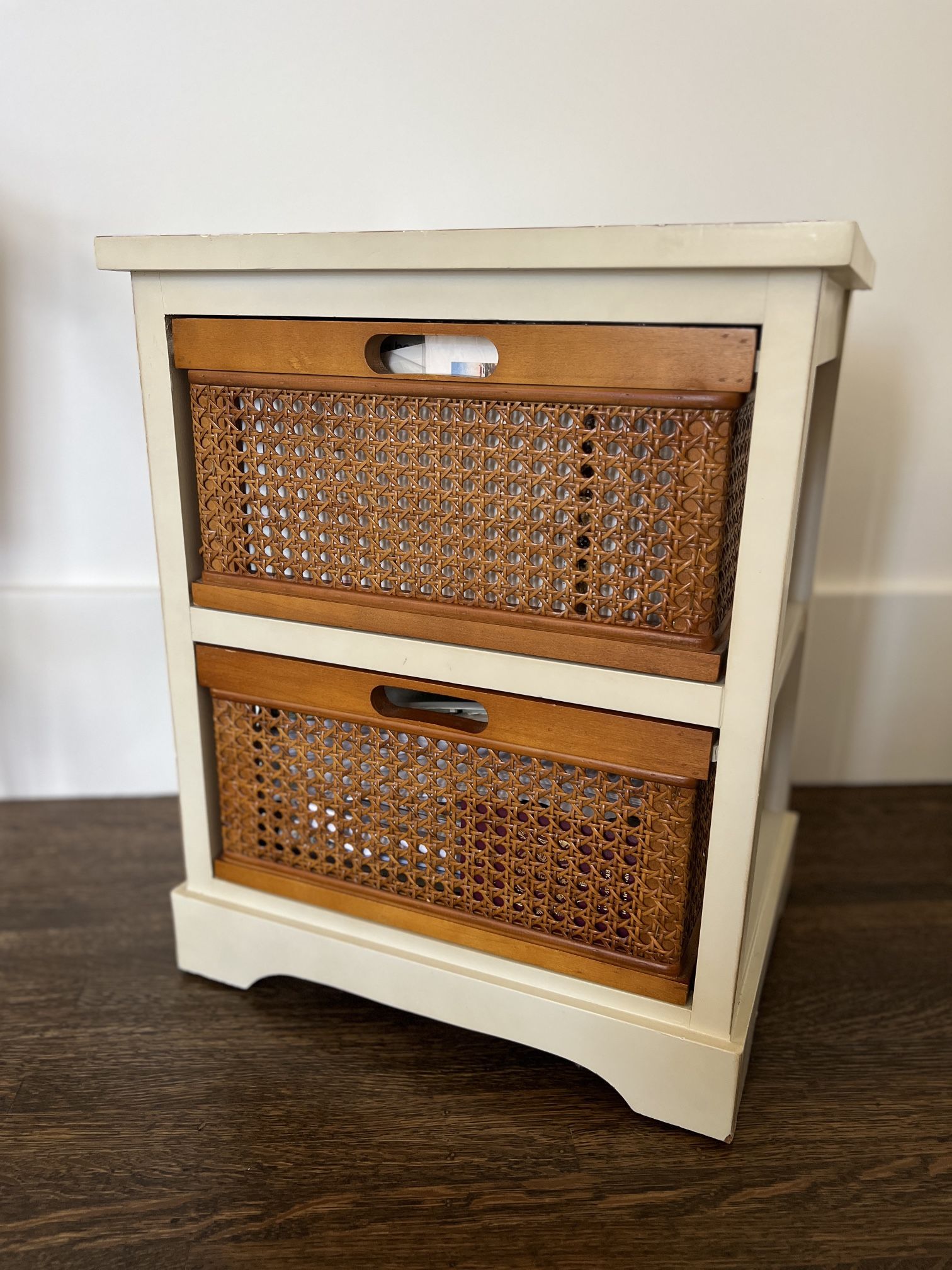 Set of 2 Cream Wood & Brown Wicker Office Cabinets / Nightstands with Drawers / End Tables