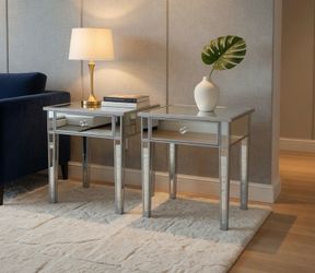 $80 for both! Pair of Modern Single Drawer Mirrored End Side Table Night Stands! Good condition, some wear see pics.   24x24x29In