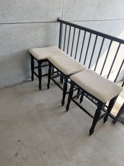 Set of 3 Bar Stools – Black Wood with Beige Cushioned Seats