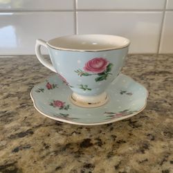 Brew to a Tea BTaT  Tea Cup and Saucer Pink Chintz Flowers Gold Trim