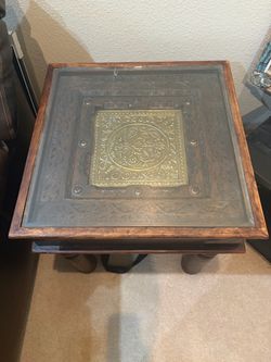Artisan-Crafted Solid Wood Coffee Table – Curated Global Import (Glass Top & Embossed Brass)