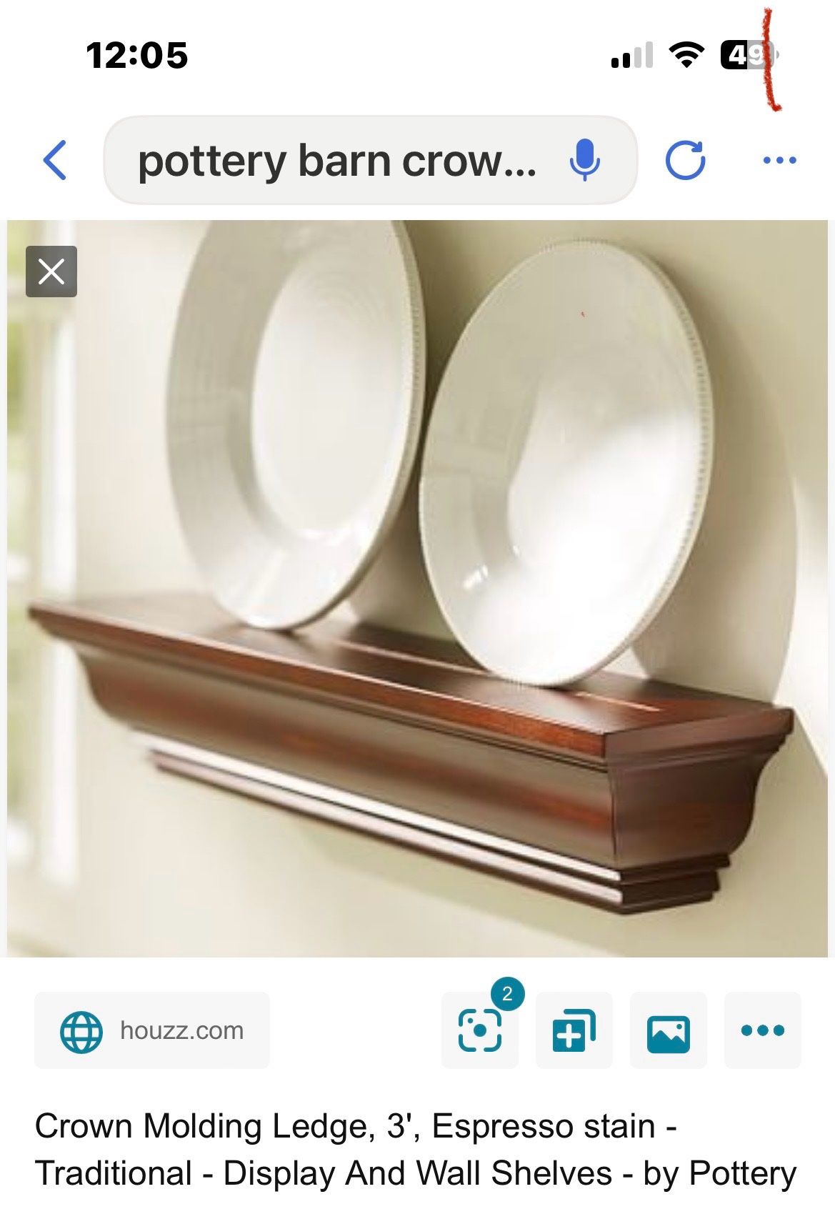 Pottery Barn, Crown Molding, Floating Shelf Ledge 3 Feet